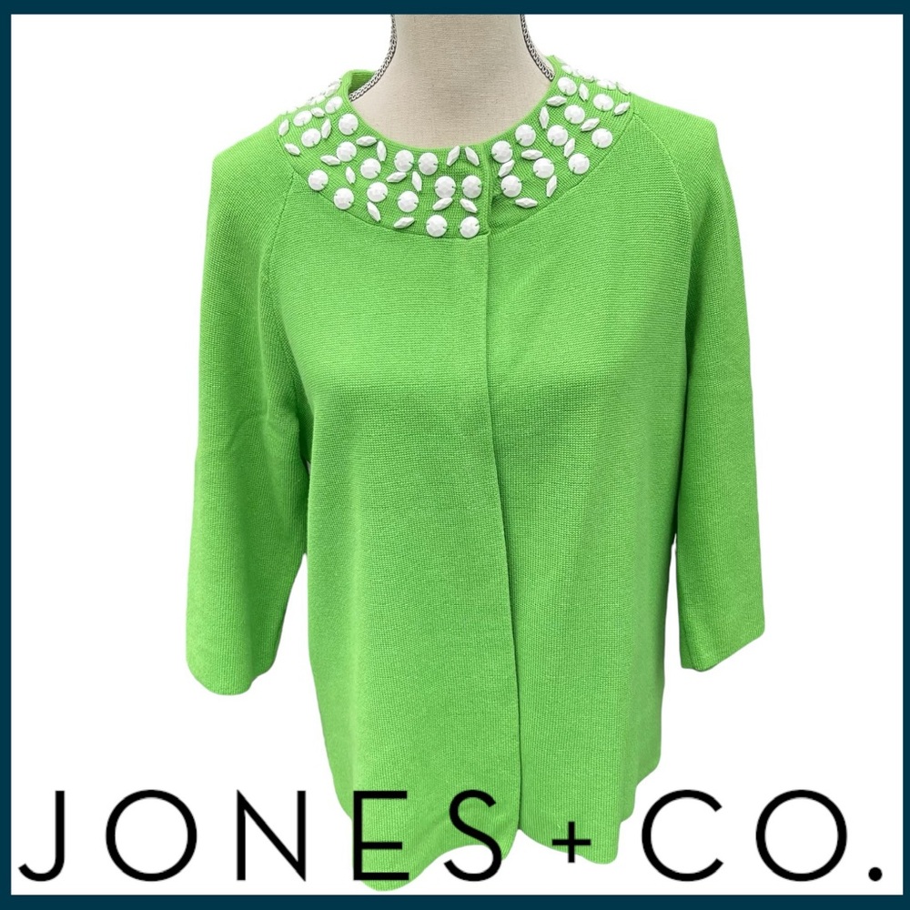 Jones & Co. Green White Beaded Neck Top Snap Cotton Blend Cardigan Sweater (M)